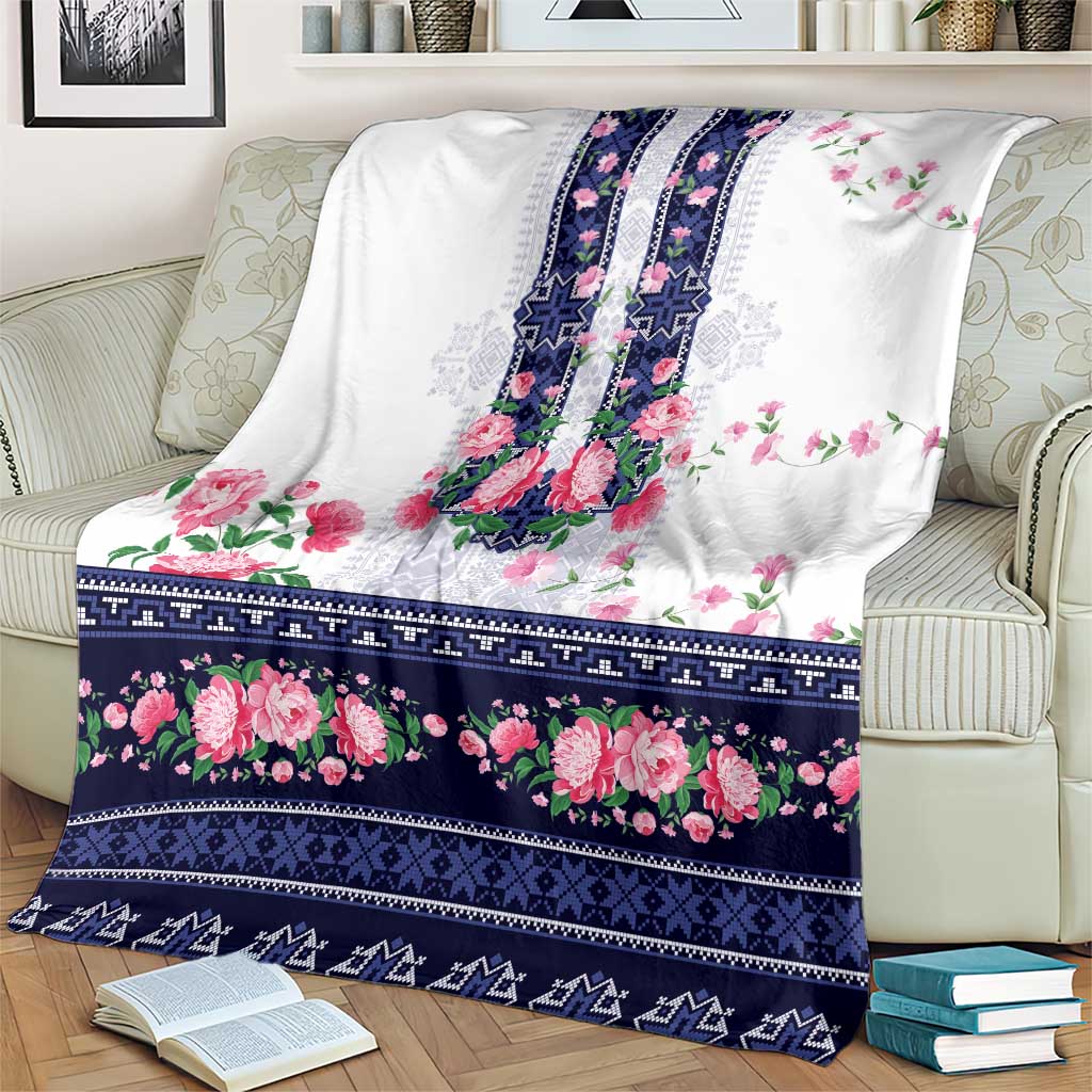 Navy Romanian National Costume Blanket Peony Flowers Traditional Folk Pattern - Wonder Print Shop