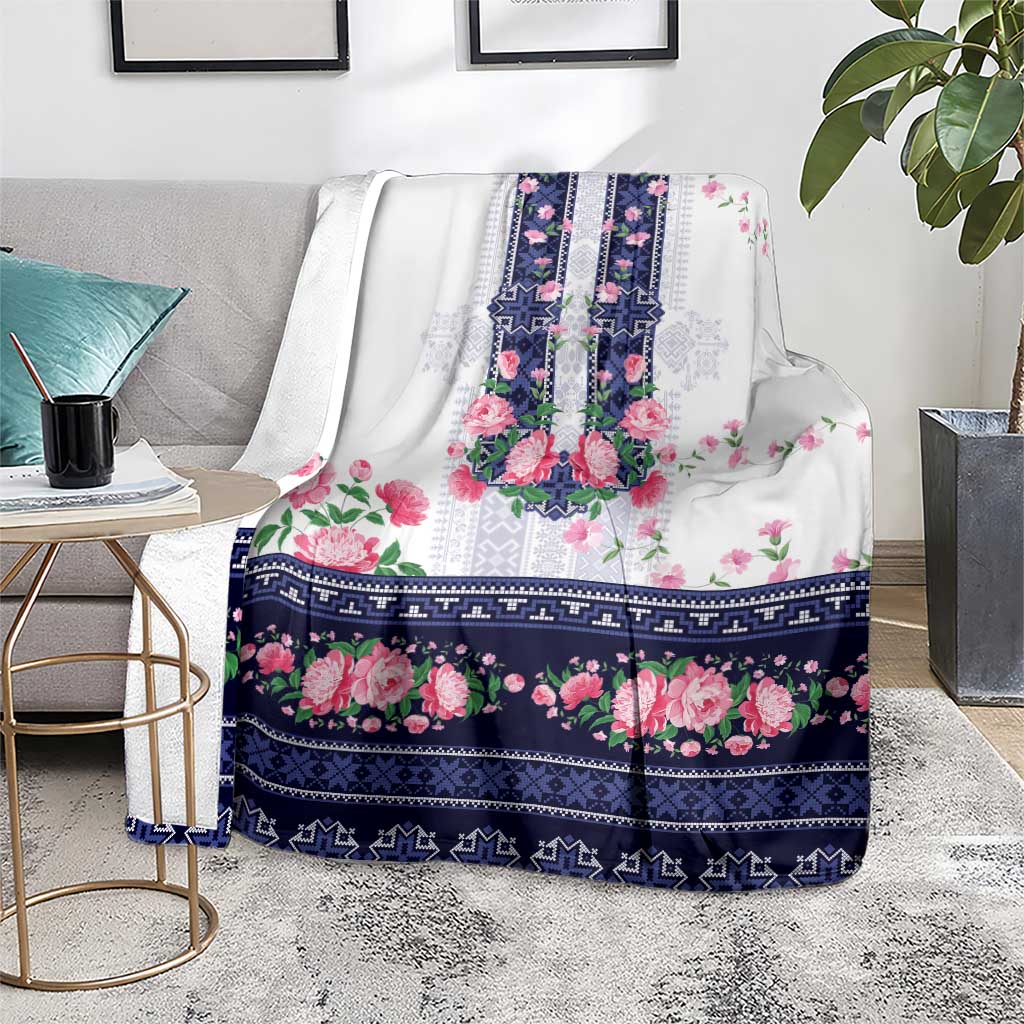 Navy Romanian National Costume Blanket Peony Flowers Traditional Folk Pattern - Wonder Print Shop