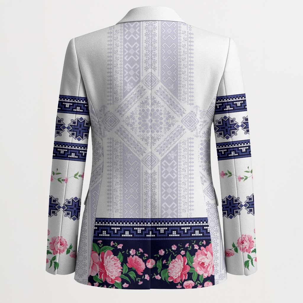 Navy Romanian National Costume Blazer Peony Flowers Traditional Folk Pattern - Wonder Print Shop