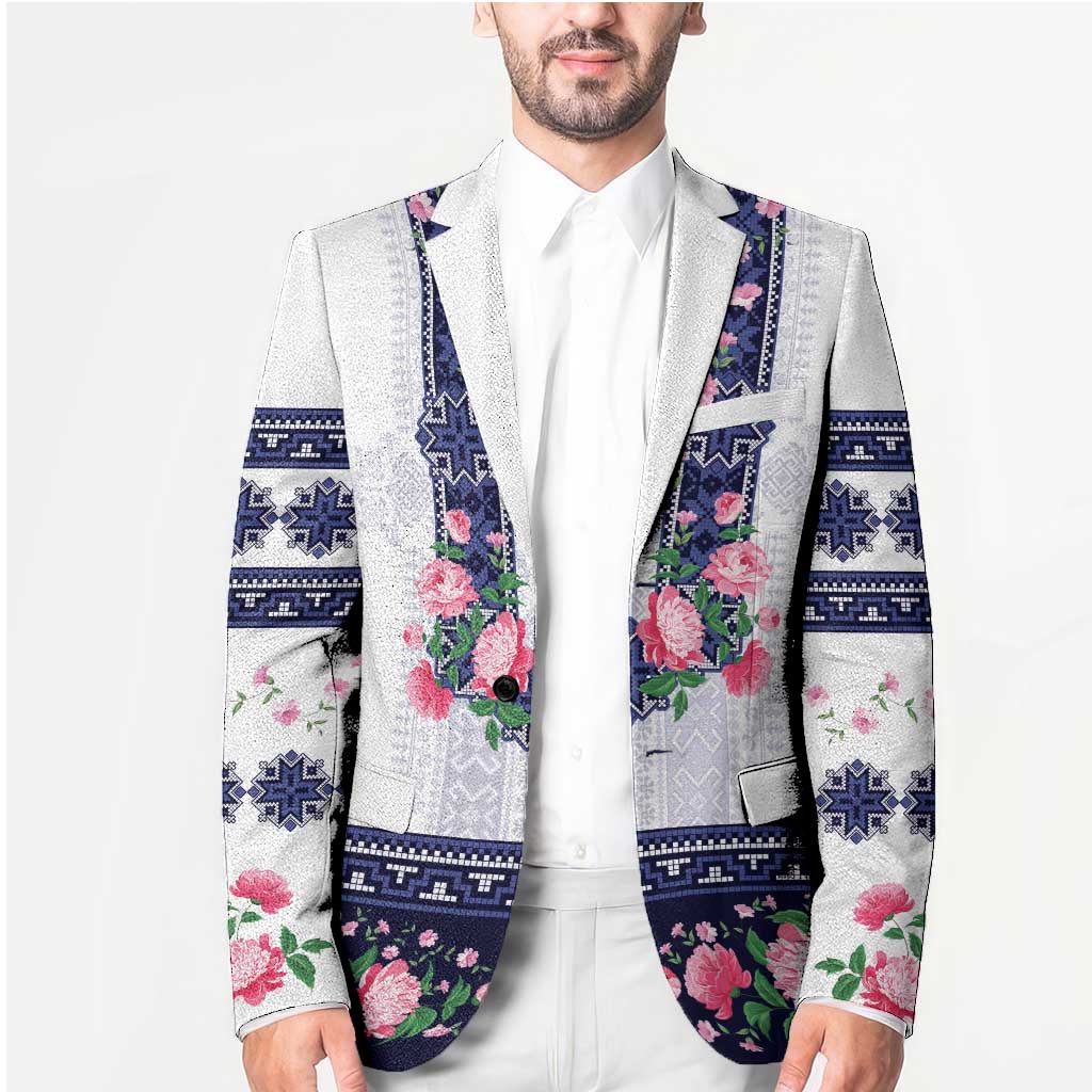 Navy Romanian National Costume Blazer Peony Flowers Traditional Folk Pattern - Wonder Print Shop