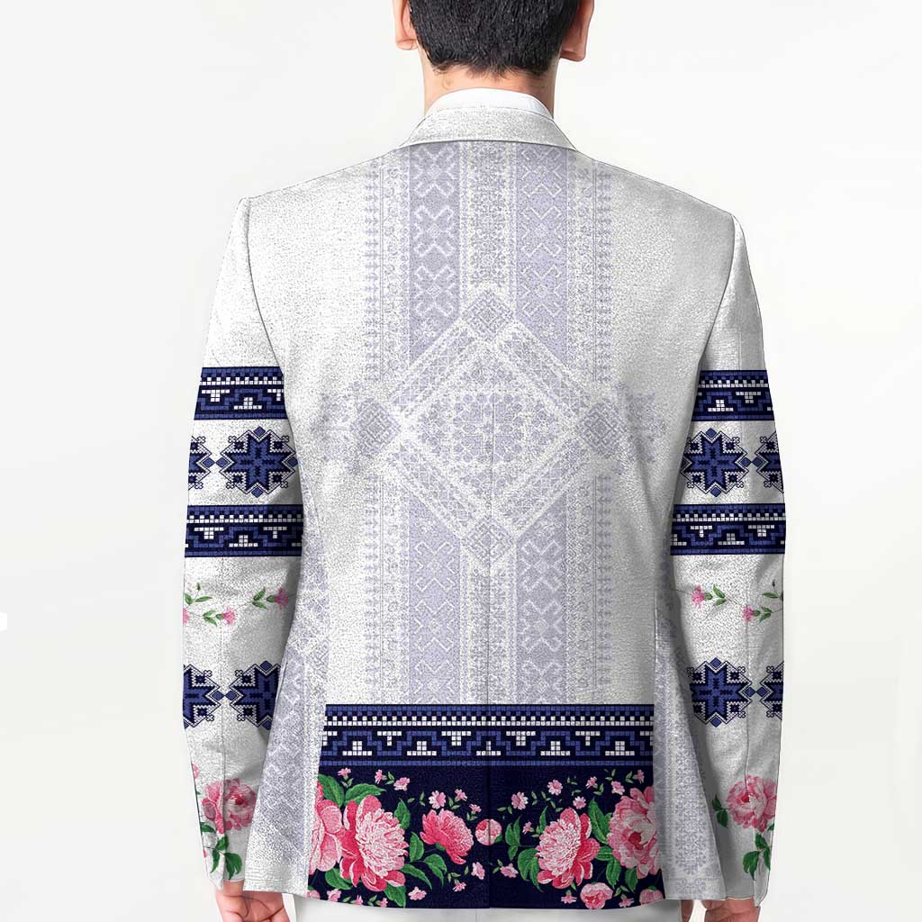 Navy Romanian National Costume Blazer Peony Flowers Traditional Folk Pattern - Wonder Print Shop