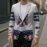 Navy Romanian National Costume Blazer Peony Flowers Traditional Folk Pattern - Wonder Print Shop