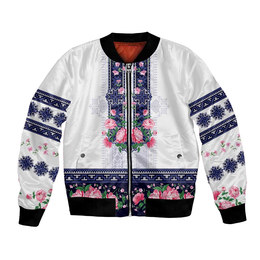 Navy Romanian National Costume Bomber Jacket Peony Flowers Traditional Folk Pattern - Wonder Print Shop