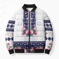 Navy Romanian National Costume Bomber Puffer Jacket Peony Flowers Traditional Folk Pattern - Wonder Print Shop