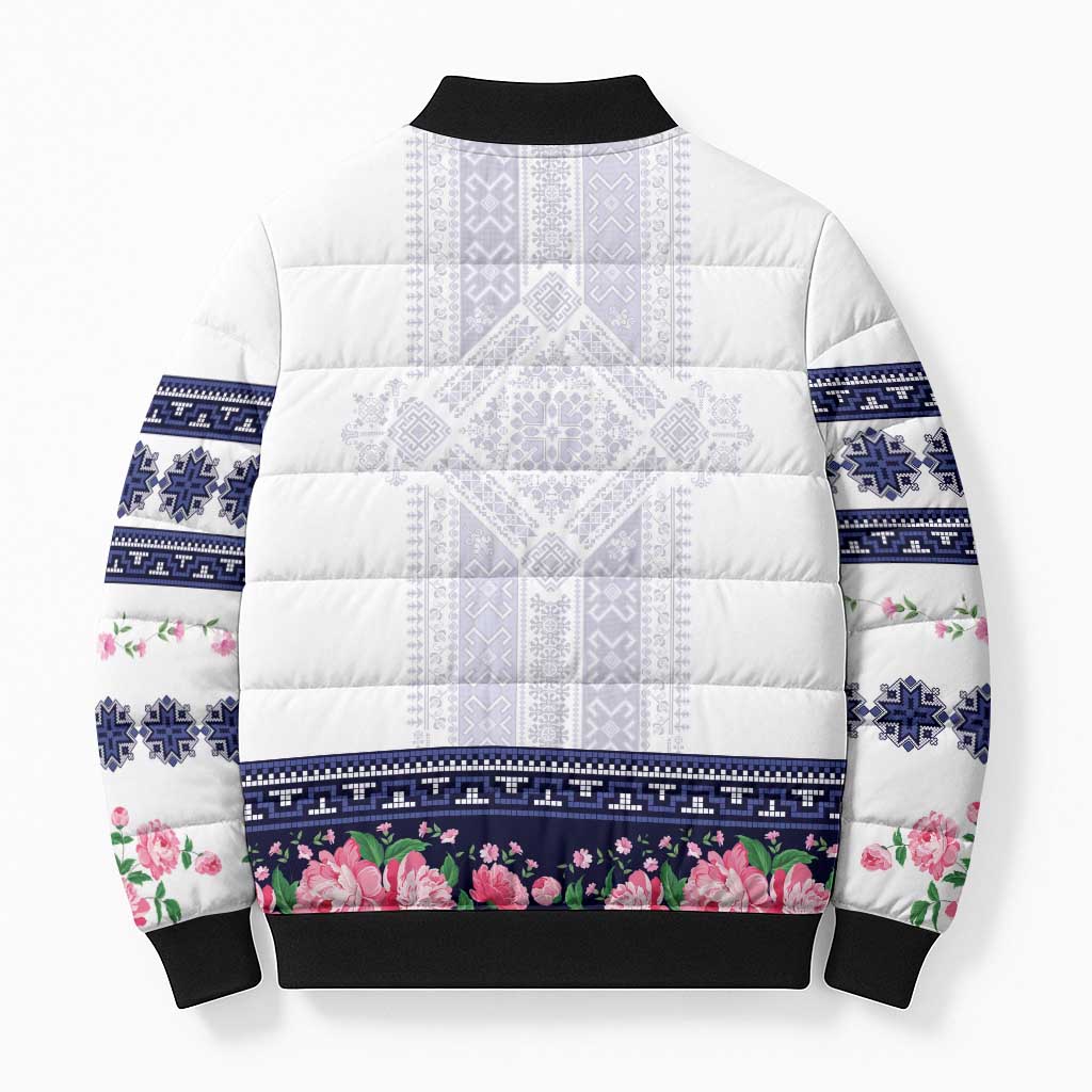 Navy Romanian National Costume Bomber Puffer Jacket Peony Flowers Traditional Folk Pattern - Wonder Print Shop