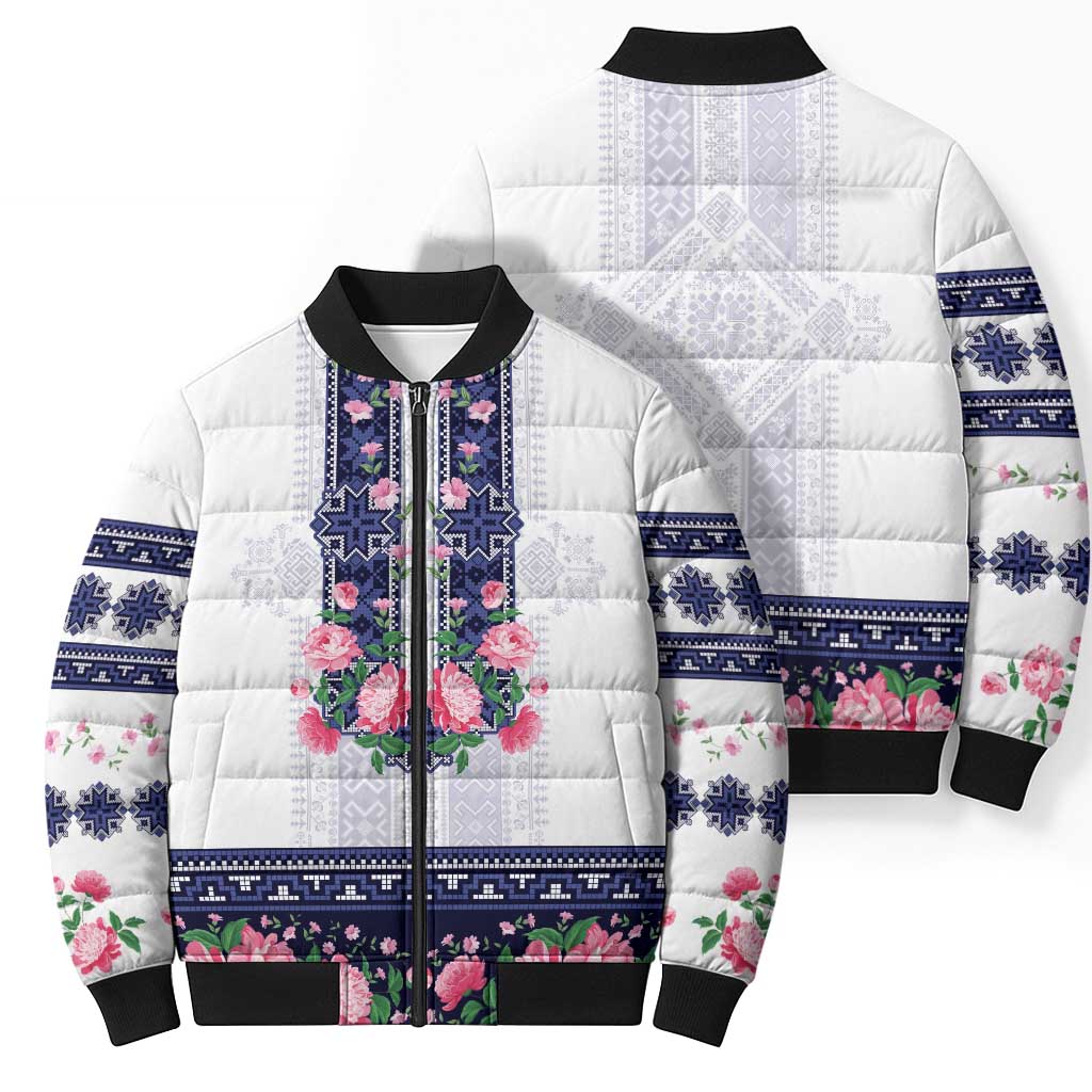 Navy Romanian National Costume Bomber Puffer Jacket Peony Flowers Traditional Folk Pattern - Wonder Print Shop