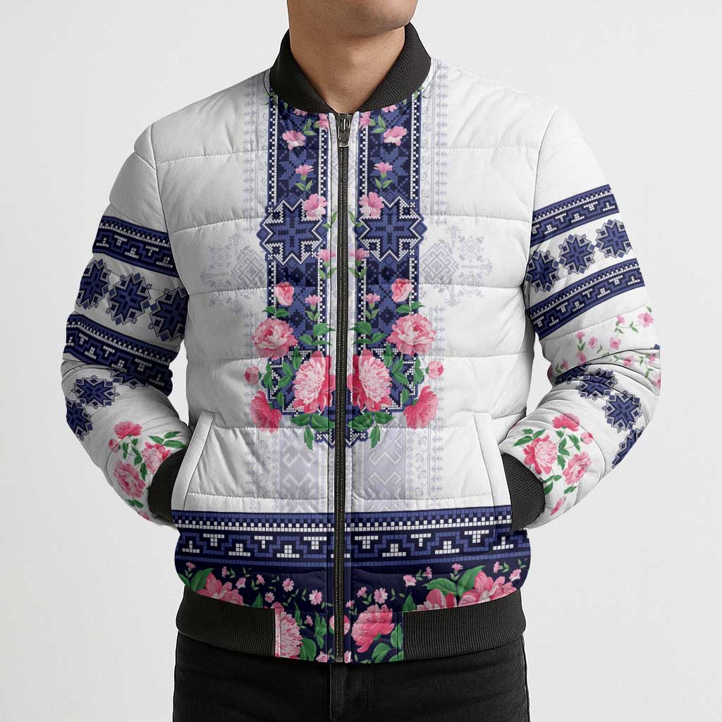 Navy Romanian National Costume Bomber Puffer Jacket Peony Flowers Traditional Folk Pattern - Wonder Print Shop