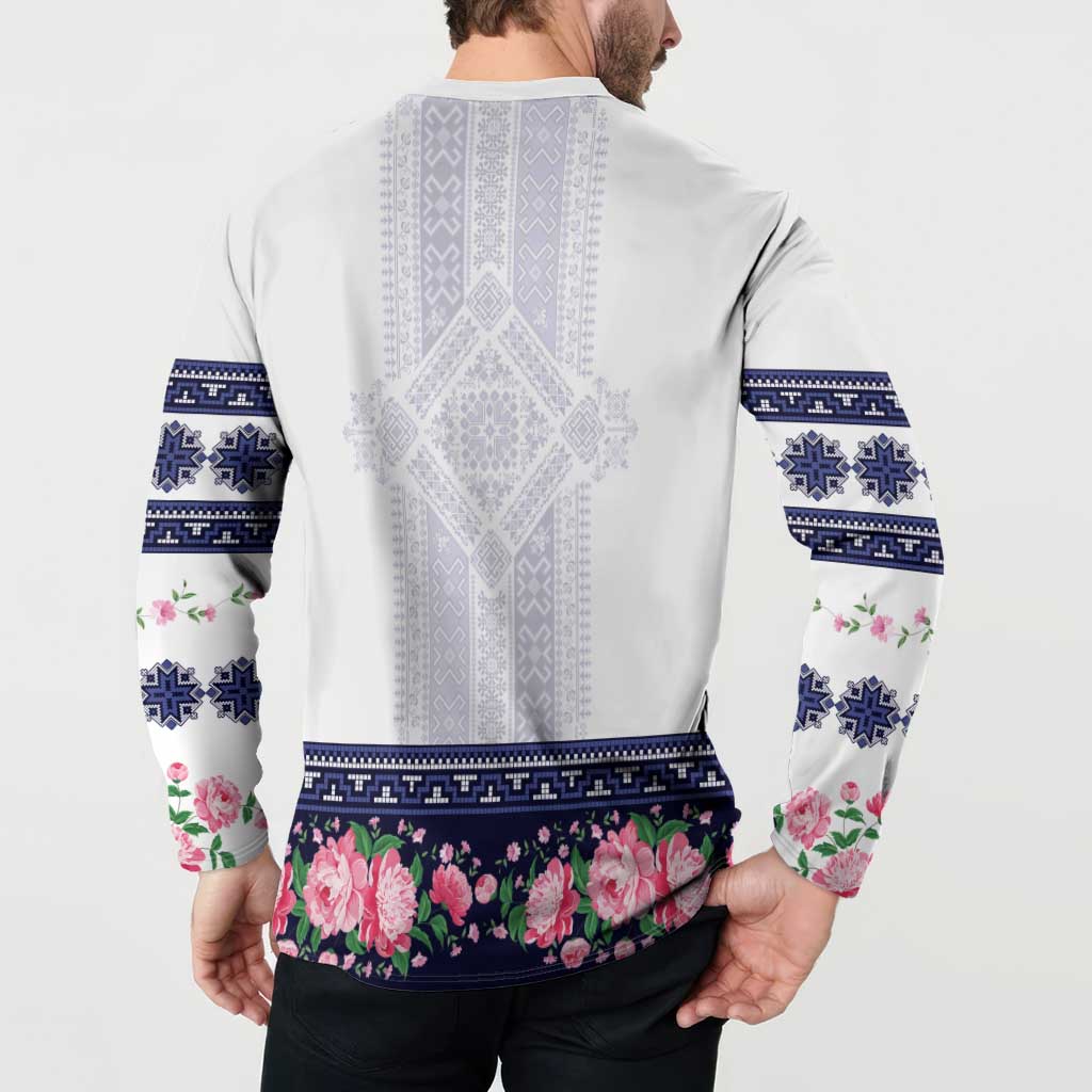 Navy Romanian National Costume Button Sweatshirt Peony Flowers Traditional Folk Pattern - Wonder Print Shop