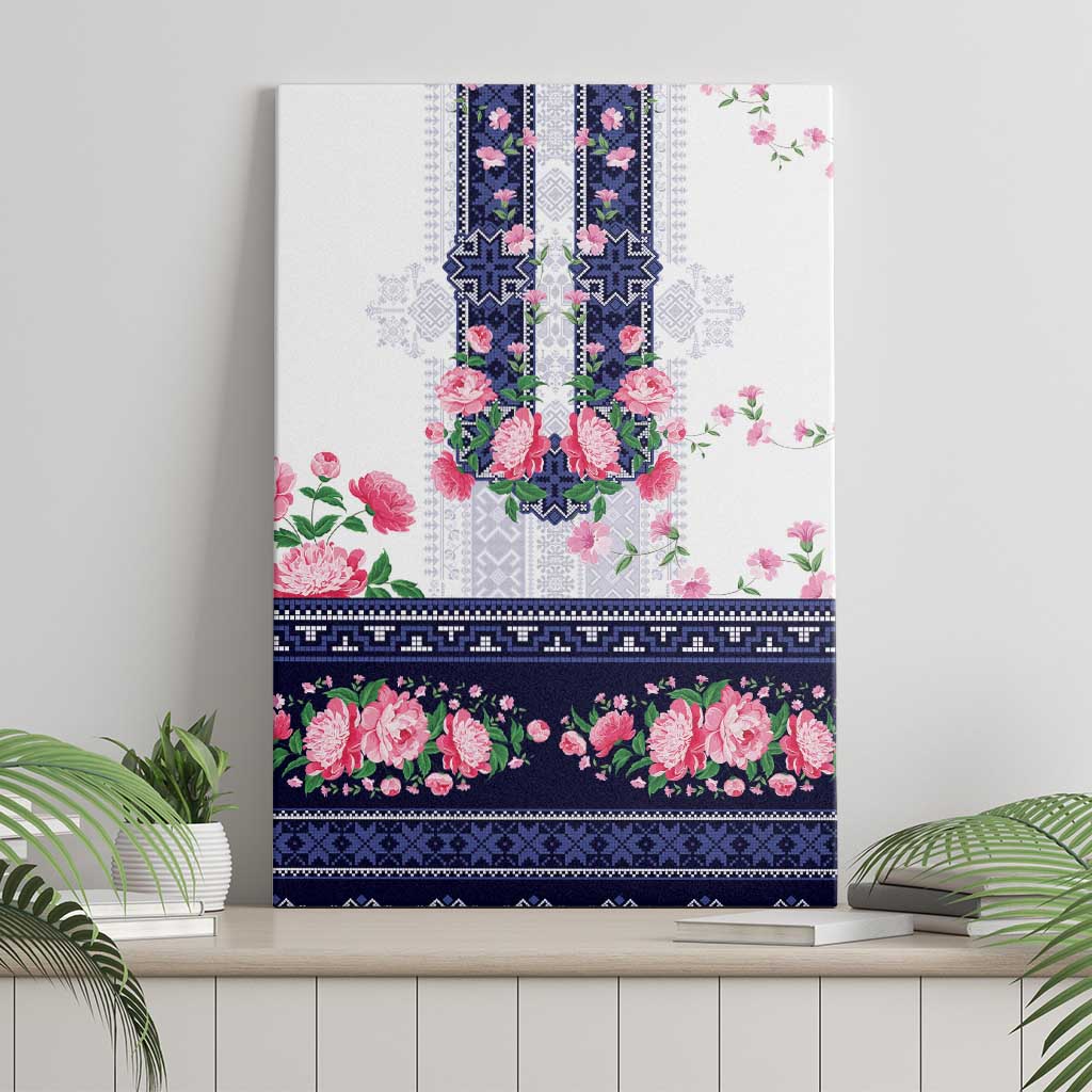 Navy Romanian National Costume Canvas Wall Art Peony Flowers Traditional Folk Pattern - Wonder Print Shop
