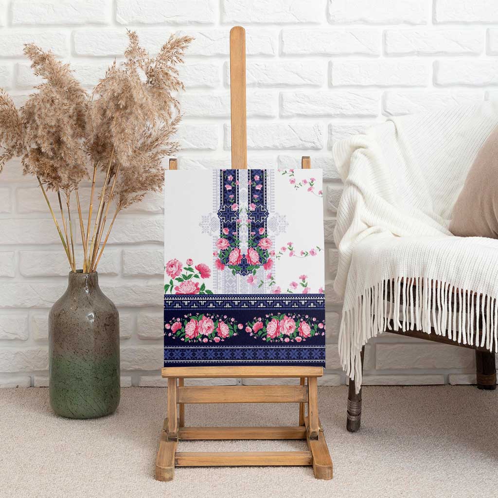 Navy Romanian National Costume Canvas Wall Art Peony Flowers Traditional Folk Pattern - Wonder Print Shop
