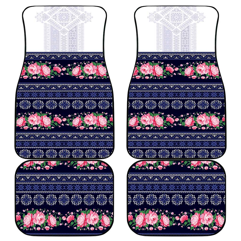 Navy Romanian National Costume Car Mats Peony Flowers Traditional Folk Pattern - Wonder Print Shop