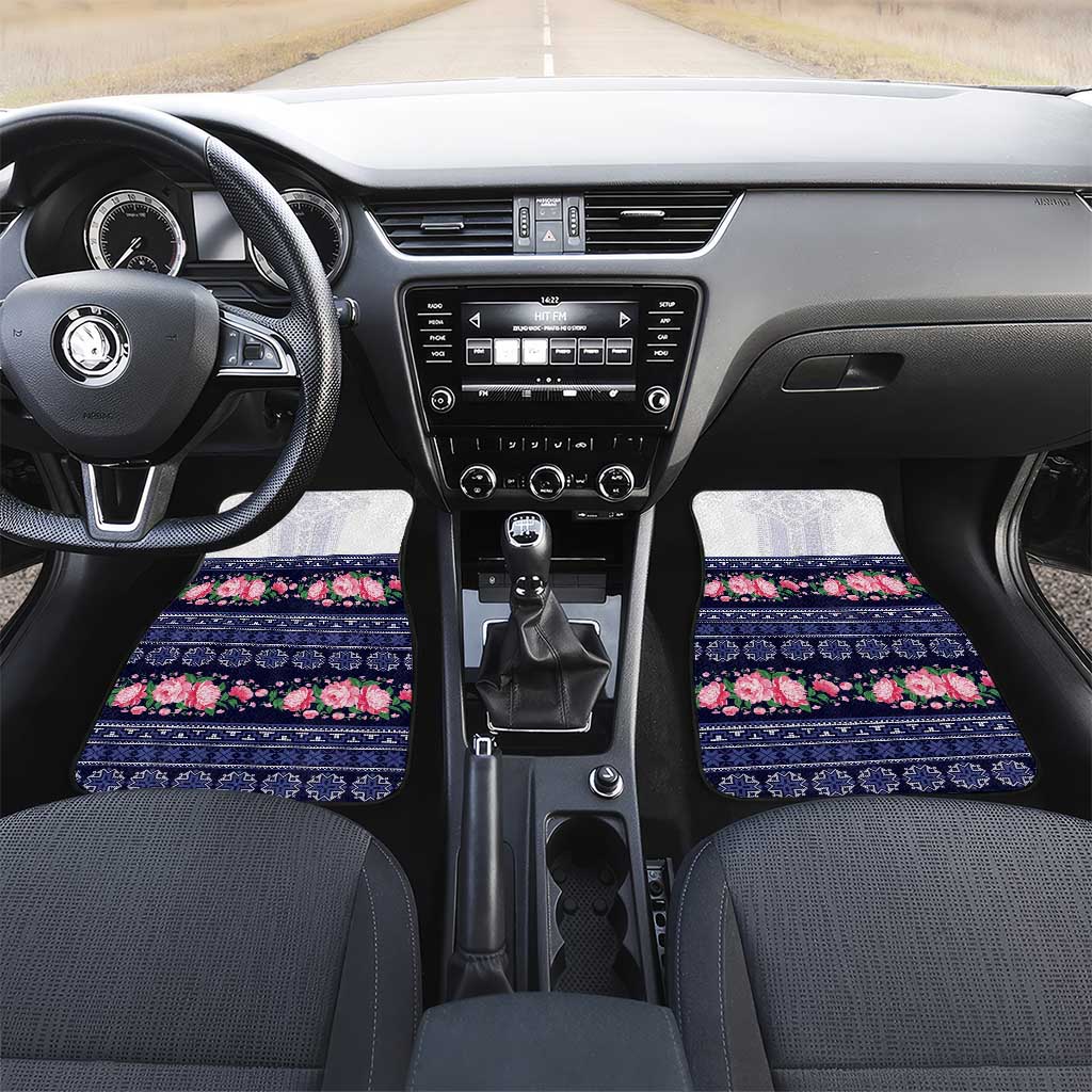 Navy Romanian National Costume Car Mats Peony Flowers Traditional Folk Pattern - Wonder Print Shop