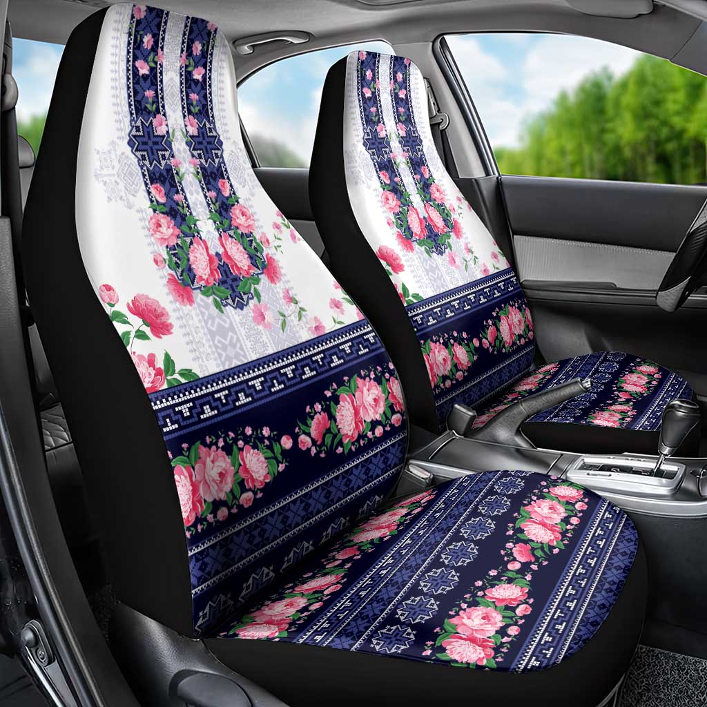 Navy Romanian National Costume Car Seat Cover Peony Flowers Traditional Folk Pattern - Wonder Print Shop
