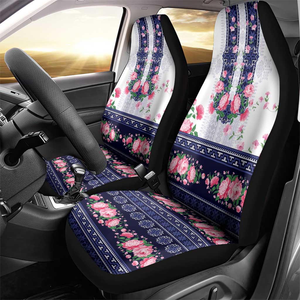 Navy Romanian National Costume Car Seat Cover Peony Flowers Traditional Folk Pattern - Wonder Print Shop