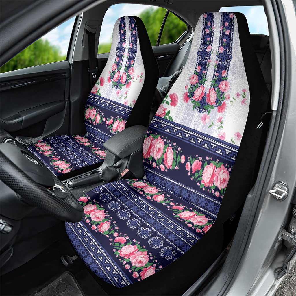 Navy Romanian National Costume Car Seat Cover Peony Flowers Traditional Folk Pattern - Wonder Print Shop