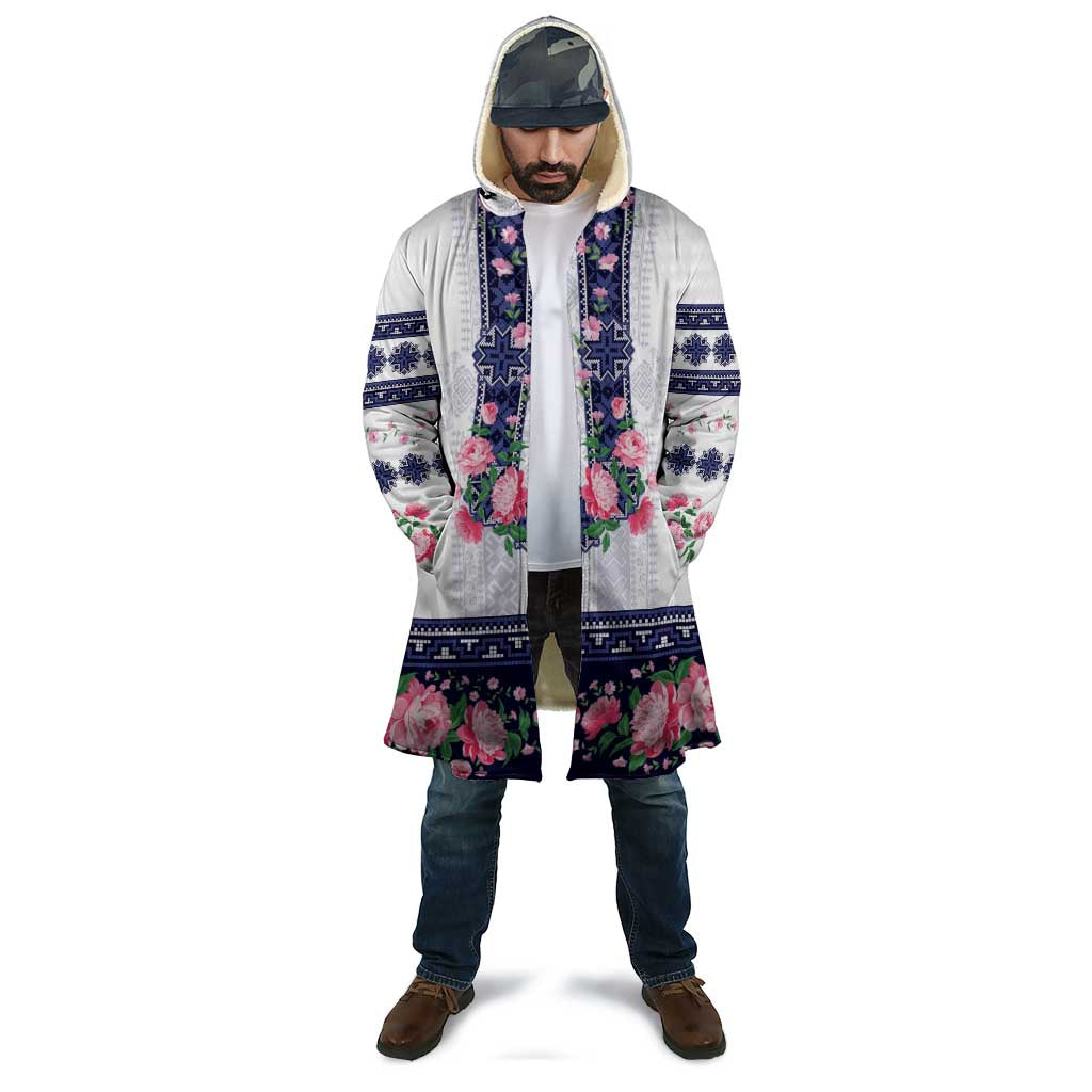 Navy Romanian National Costume Cloak Peony Flowers Traditional Folk Pattern - Wonder Print Shop