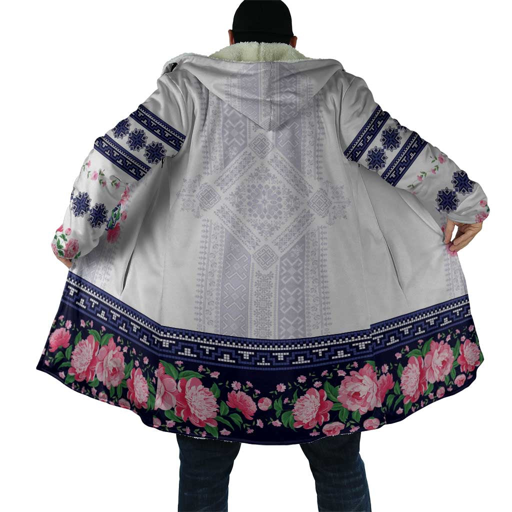 Navy Romanian National Costume Cloak Peony Flowers Traditional Folk Pattern - Wonder Print Shop