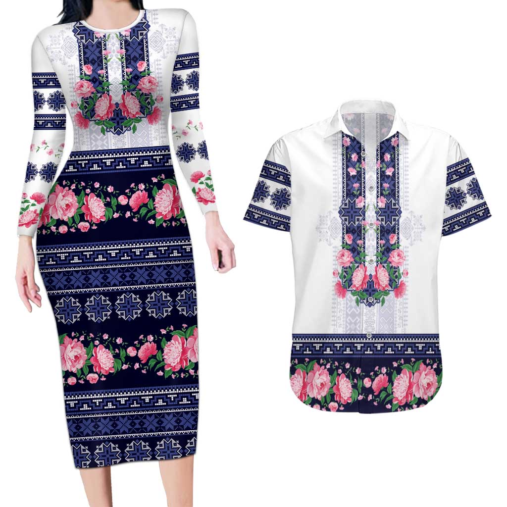 Navy Romanian National Costume Couples Matching Long Sleeve Bodycon Dress and Hawaiian Shirt Peony Flowers Traditional Folk Pattern - Wonder Print Shop