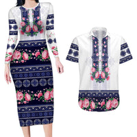 Navy Romanian National Costume Couples Matching Long Sleeve Bodycon Dress and Hawaiian Shirt Peony Flowers Traditional Folk Pattern - Wonder Print Shop