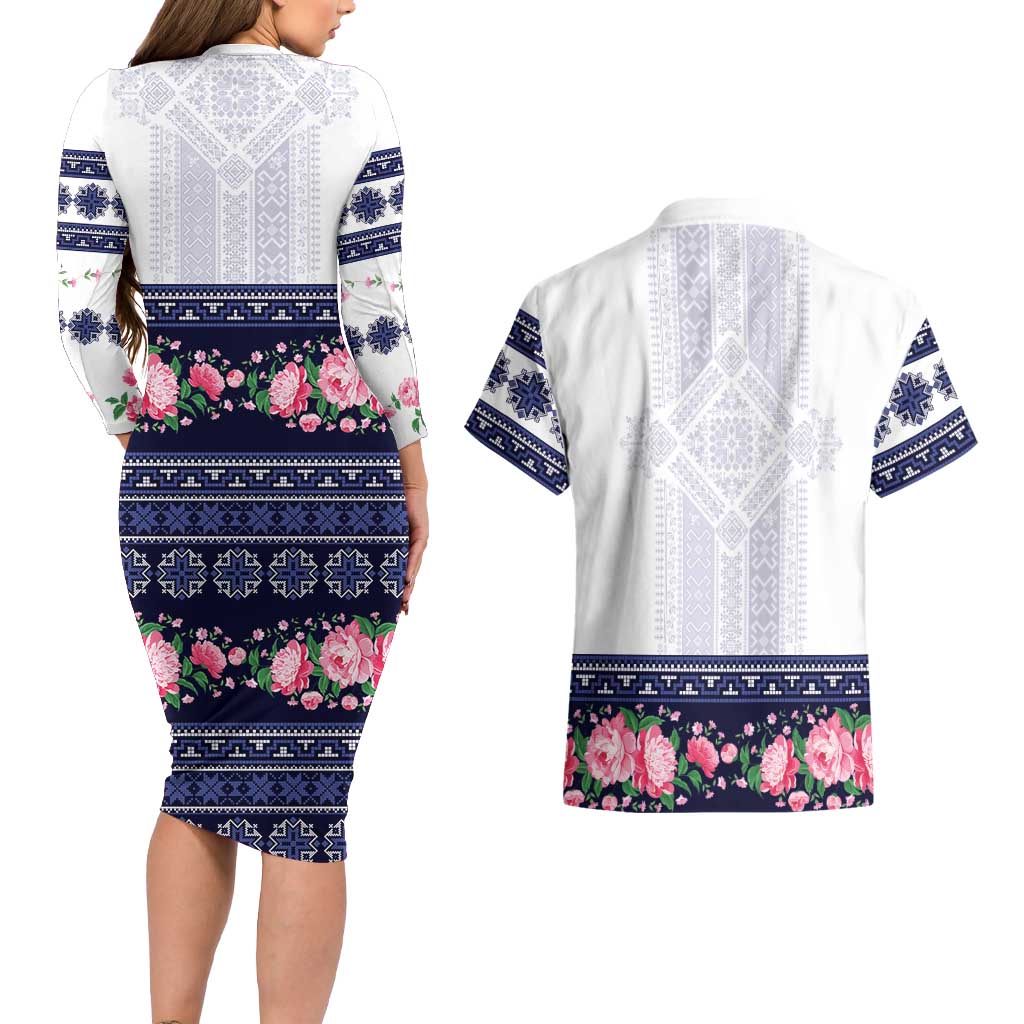 Navy Romanian National Costume Couples Matching Long Sleeve Bodycon Dress and Hawaiian Shirt Peony Flowers Traditional Folk Pattern - Wonder Print Shop