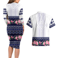 Navy Romanian National Costume Couples Matching Long Sleeve Bodycon Dress and Hawaiian Shirt Peony Flowers Traditional Folk Pattern - Wonder Print Shop