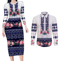 Navy Romanian National Costume Couples Matching Long Sleeve Bodycon Dress and Long Sleeve Button Shirt Peony Flowers Traditional Folk Pattern - Wonder Print Shop