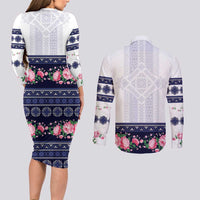 Navy Romanian National Costume Couples Matching Long Sleeve Bodycon Dress and Long Sleeve Button Shirt Peony Flowers Traditional Folk Pattern - Wonder Print Shop