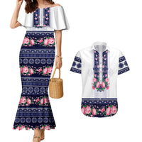 Navy Romanian National Costume Couples Matching Mermaid Dress and Hawaiian Shirt Peony Flowers Traditional Folk Pattern - Wonder Print Shop