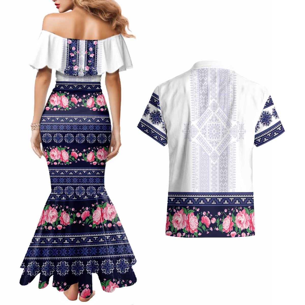 Navy Romanian National Costume Couples Matching Mermaid Dress and Hawaiian Shirt Peony Flowers Traditional Folk Pattern - Wonder Print Shop