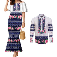 Navy Romanian National Costume Couples Matching Mermaid Dress and Long Sleeve Button Shirt Peony Flowers Traditional Folk Pattern - Wonder Print Shop
