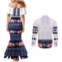 Navy Romanian National Costume Couples Matching Mermaid Dress and Long Sleeve Button Shirt Peony Flowers Traditional Folk Pattern - Wonder Print Shop