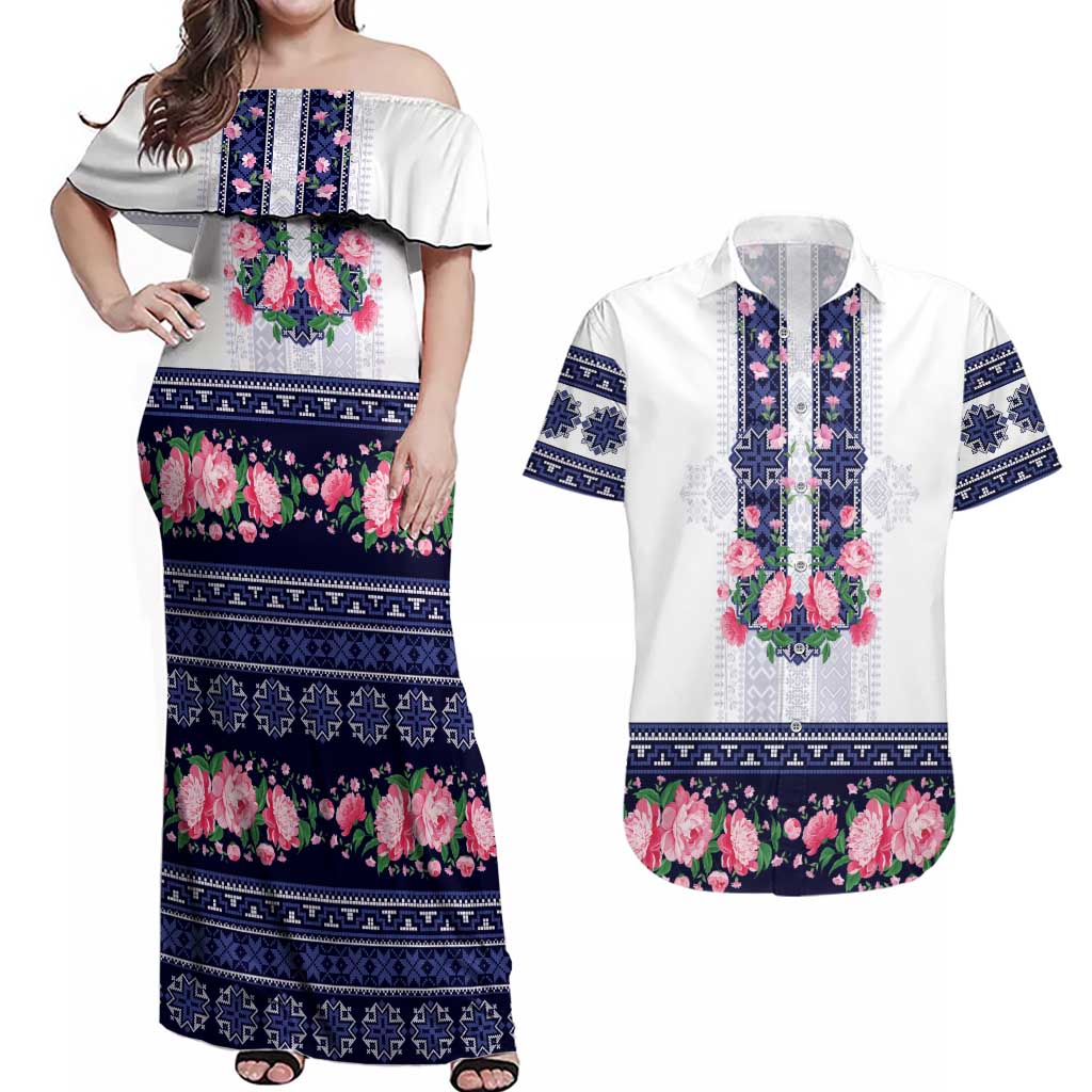 Navy Romanian National Costume Couples Matching Off Shoulder Maxi Dress and Hawaiian Shirt Peony Flowers Traditional Folk Pattern - Wonder Print Shop