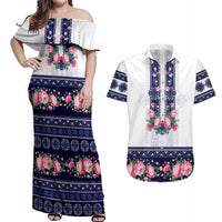 Navy Romanian National Costume Couples Matching Off Shoulder Maxi Dress and Hawaiian Shirt Peony Flowers Traditional Folk Pattern - Wonder Print Shop