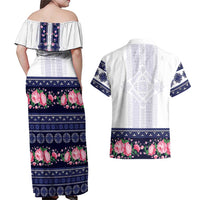 Navy Romanian National Costume Couples Matching Off Shoulder Maxi Dress and Hawaiian Shirt Peony Flowers Traditional Folk Pattern - Wonder Print Shop