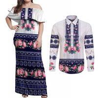 Navy Romanian National Costume Couples Matching Off Shoulder Maxi Dress and Long Sleeve Button Shirt Peony Flowers Traditional Folk Pattern - Wonder Print Shop