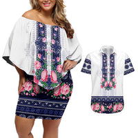 Navy Romanian National Costume Couples Matching Off Shoulder Short Dress and Hawaiian Shirt Peony Flowers Traditional Folk Pattern - Wonder Print Shop