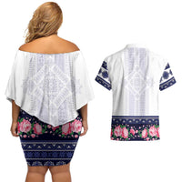 Navy Romanian National Costume Couples Matching Off Shoulder Short Dress and Hawaiian Shirt Peony Flowers Traditional Folk Pattern - Wonder Print Shop