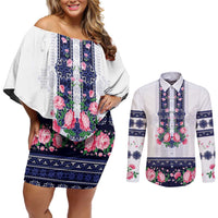 Navy Romanian National Costume Couples Matching Off Shoulder Short Dress and Long Sleeve Button Shirt Peony Flowers Traditional Folk Pattern - Wonder Print Shop