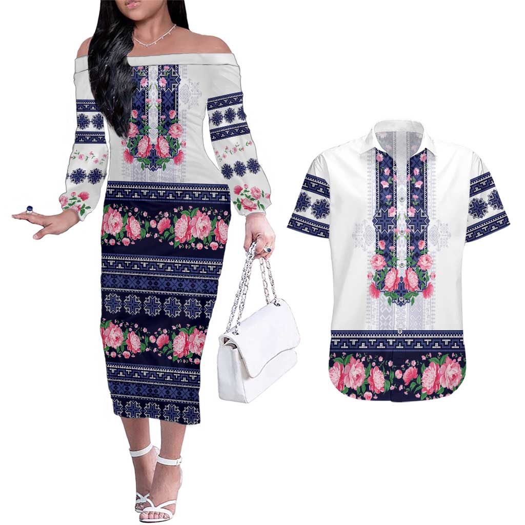 Navy Romanian National Costume Couples Matching Off The Shoulder Long Sleeve Dress and Hawaiian Shirt Peony Flowers Traditional Folk Pattern - Wonder Print Shop