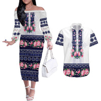 Navy Romanian National Costume Couples Matching Off The Shoulder Long Sleeve Dress and Hawaiian Shirt Peony Flowers Traditional Folk Pattern - Wonder Print Shop