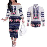 Navy Romanian National Costume Couples Matching Off The Shoulder Long Sleeve Dress and Long Sleeve Button Shirt Peony Flowers Traditional Folk Pattern - Wonder Print Shop