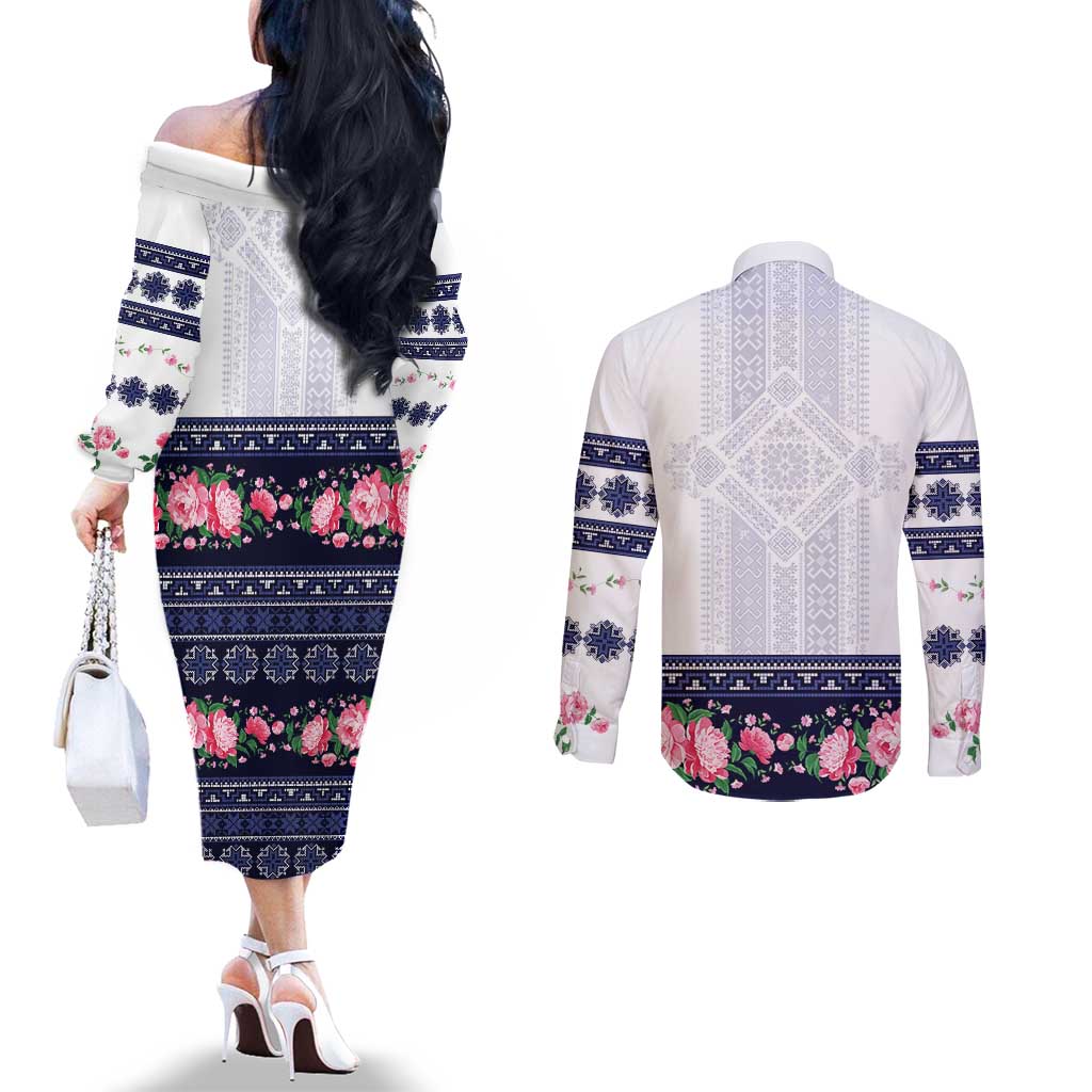 Navy Romanian National Costume Couples Matching Off The Shoulder Long Sleeve Dress and Long Sleeve Button Shirt Peony Flowers Traditional Folk Pattern - Wonder Print Shop