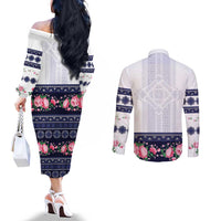Navy Romanian National Costume Couples Matching Off The Shoulder Long Sleeve Dress and Long Sleeve Button Shirt Peony Flowers Traditional Folk Pattern - Wonder Print Shop