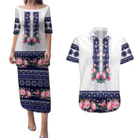 Navy Romanian National Costume Couples Matching Puletasi and Hawaiian Shirt Peony Flowers Traditional Folk Pattern - Wonder Print Shop