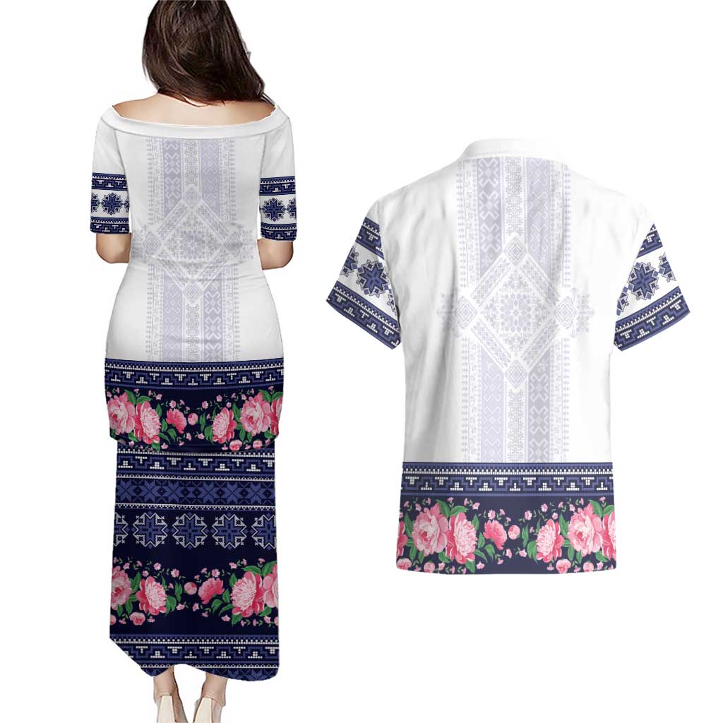 Navy Romanian National Costume Couples Matching Puletasi and Hawaiian Shirt Peony Flowers Traditional Folk Pattern - Wonder Print Shop