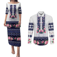 Navy Romanian National Costume Couples Matching Puletasi and Long Sleeve Button Shirt Peony Flowers Traditional Folk Pattern - Wonder Print Shop