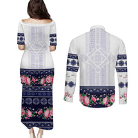 Navy Romanian National Costume Couples Matching Puletasi and Long Sleeve Button Shirt Peony Flowers Traditional Folk Pattern - Wonder Print Shop