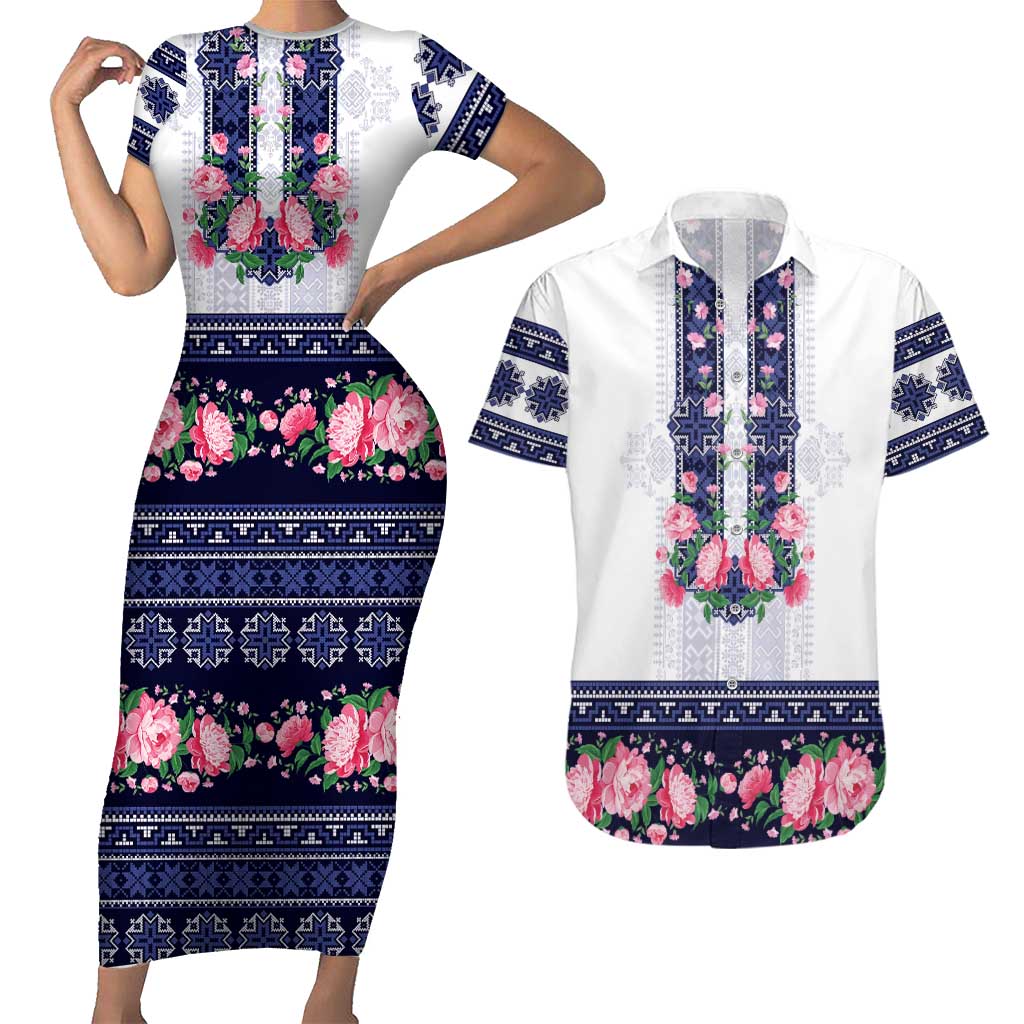 Navy Romanian National Costume Couples Matching Short Sleeve Bodycon Dress and Hawaiian Shirt Peony Flowers Traditional Folk Pattern - Wonder Print Shop