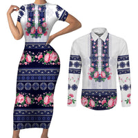 Navy Romanian National Costume Couples Matching Short Sleeve Bodycon Dress and Long Sleeve Button Shirt Peony Flowers Traditional Folk Pattern - Wonder Print Shop