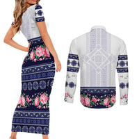 Navy Romanian National Costume Couples Matching Short Sleeve Bodycon Dress and Long Sleeve Button Shirt Peony Flowers Traditional Folk Pattern - Wonder Print Shop